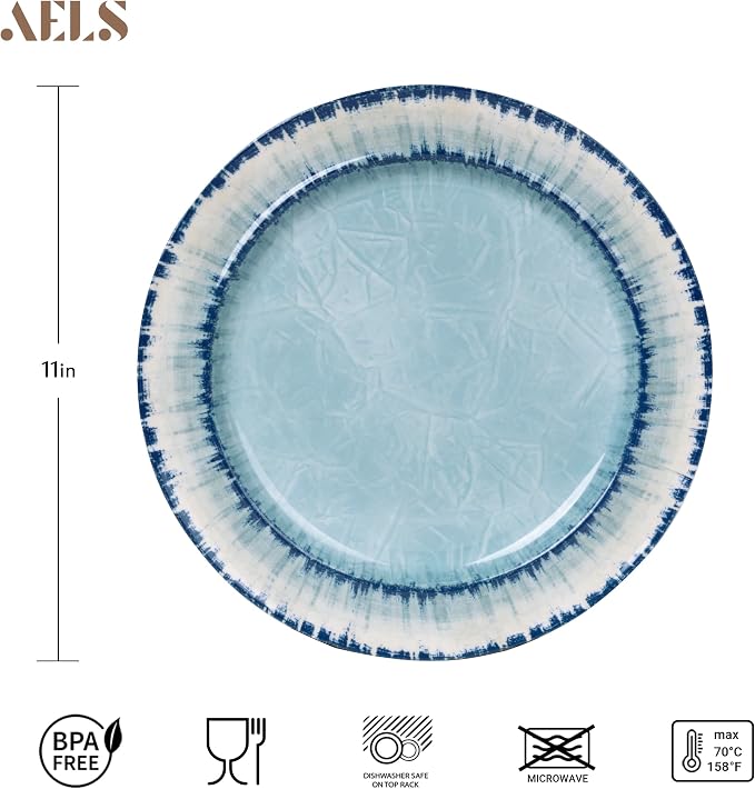 AELS Melamine Salad Plates Set of 6, 11 inch Serving Dishes for Indoor and Outdoor Use, Dishwasher Safe, Lightweight Unbreakable, BPA Free, Light Blue