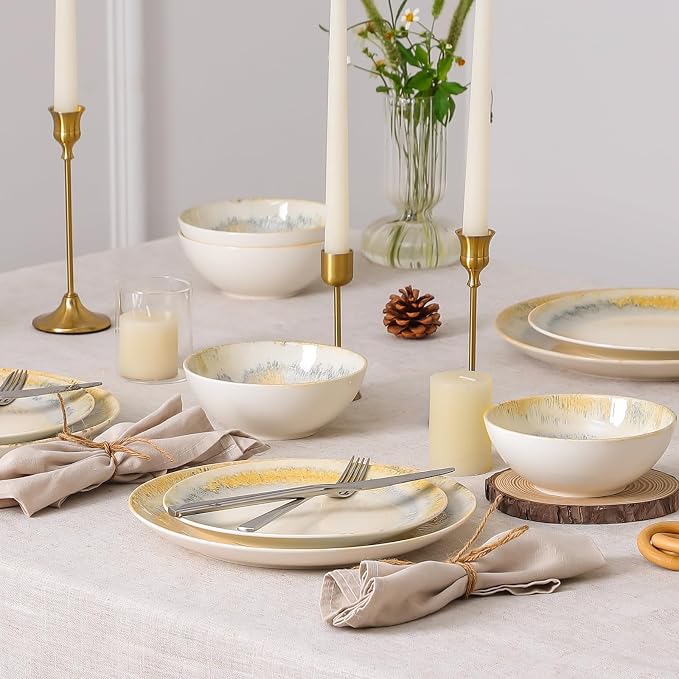 DOMICREVERY Ceramic Dinnerware Sets for 4, 12 pcs Scratch Resistant Dish Set, Lemon Sea
