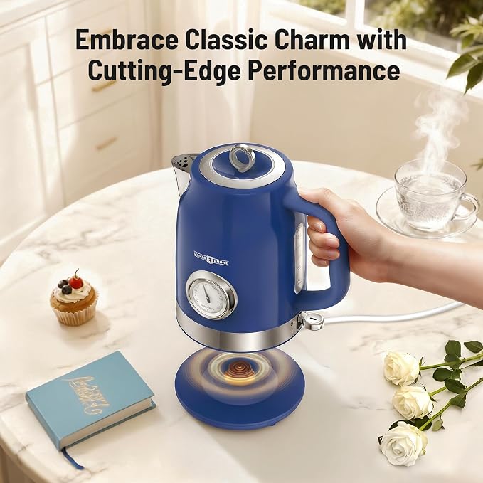 PARIS RHÔNE Retro Stainless Steel Electric Kettle, 1.7L Cordless Hot Water Tea Kettle with Thermometer, 1500W Fast Heating, LED Indicator, Auto Shut-Off & Boil Dry Protection