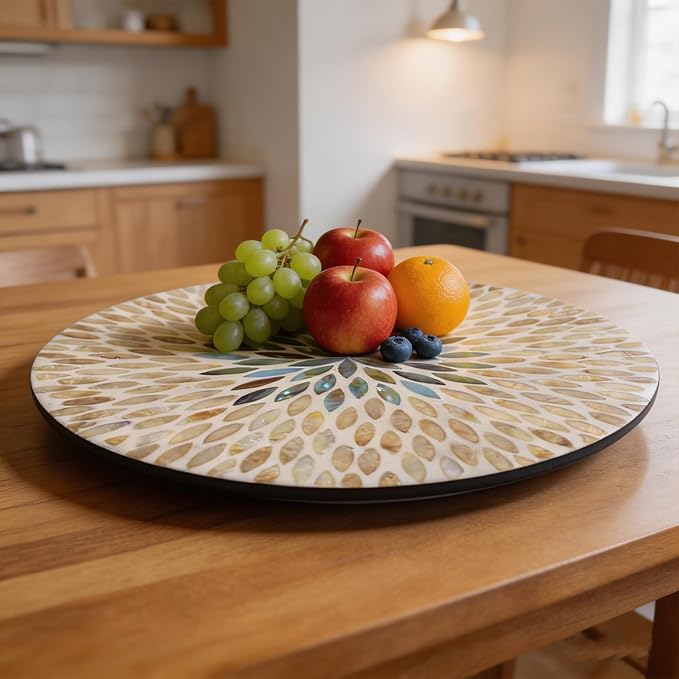 13.4" Mother of Pearl Lazy Susan, Table Centerpiece Round Shell Decorative Lazy Susan Turntable Rotating Tray Organizer for Cabinet Counter Gift Kitchen Office Cafe Home Decor (Beige Blue)