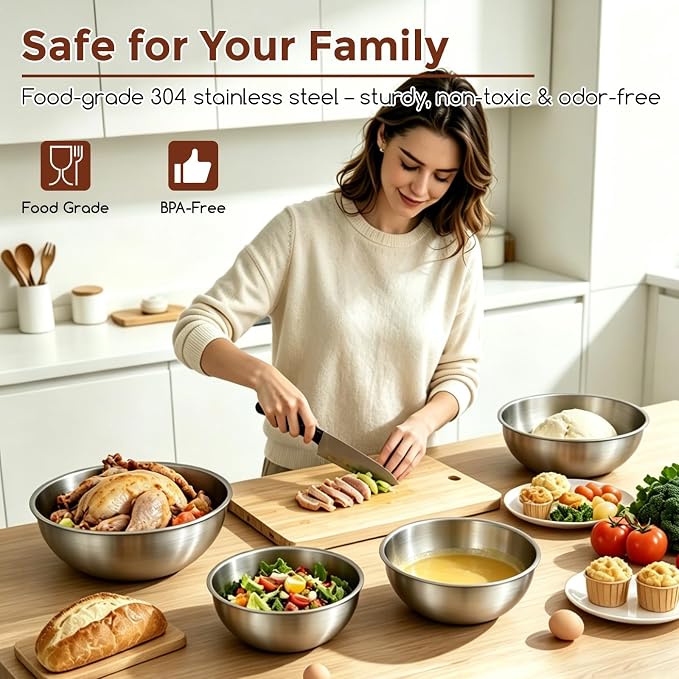Gronivex 304 Stainless Steel Mixing Bowls, 4-Piece (1.5, 2.2, 3.4 & 4.2 Qt) | Food-Grade Metal,Dishwasher Safety,Stackable Nesting & Space-Saving, For home baking, salads, cooking, and RV or grilling use