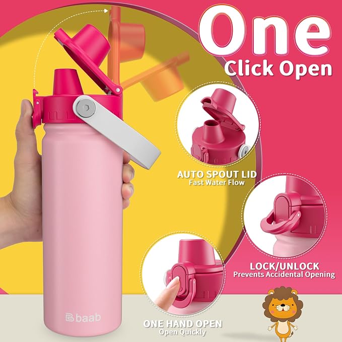baab 18oz Kids Water Bottle, Insulated Kids Water Bottle with Lockable Spout Lid & Stickers, 18/8 Stainless Steel Vacuum Leakproof Kid Water Cup with Handle for Boy Girl & School (Rose Pink, 1 Pack)