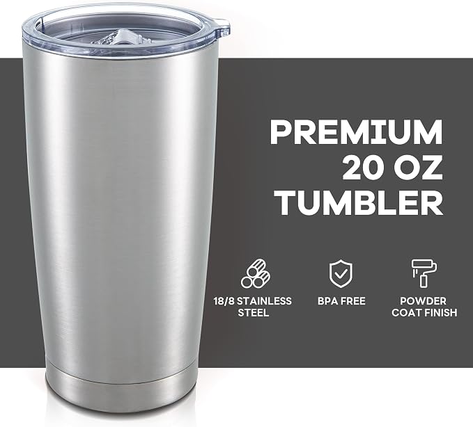 20 oz Tumbler with Lid Stainless Steel Insulated Tumblers Bulk Double Wall Vacuum Cups Powder Coated Travel Mug Keep Drink Cold and Hot, Stainless Steel, 8 Pack