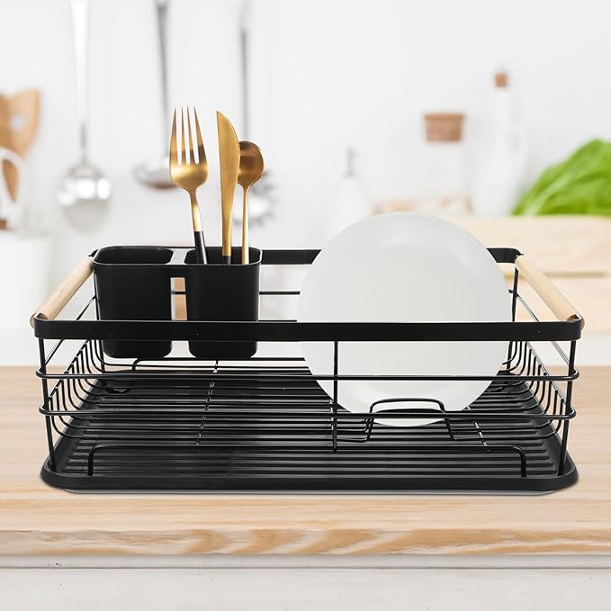 Metal Dish Drying Rack for Kitchen Sink with Cutlery Holder, Large Capacity Black Iron Multifunctional Over Sink Drying Organizer with Drip Tray for Countertop Storage
