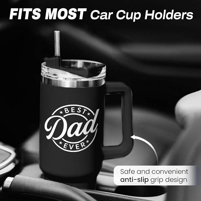 SANDJEST Best Dad Ever Tumbler with Handle - 40oz Stainless Steel Insulated Coffee Cup - Gift Set with Lid & Straw for Father’s Day, Birthday, Christmas