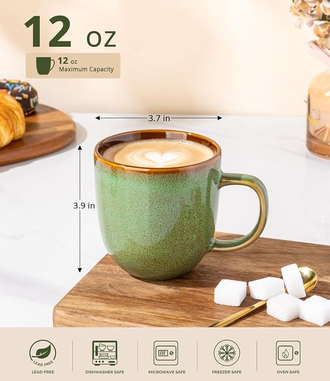 LERATIO Ceramic Coffee Mugs Set of 6,12oz Handmade Coffee Mugs Set with Large Handle for Cappuccino/Latte/Tea/Hot Cocoa, Dishwasher & Microwave Safe-Sage Meadow Green