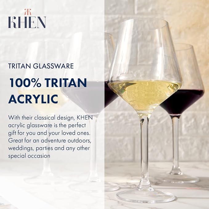 Unbreakable European Style Plastic Crystal, Stemmed Wine Glasses | Set of 6 | Acrylic Tritan Drinkware, Unbreakable Clear Color Shatterproof BPA-free, Reusable, Floating Pool & Indoor & Outdoor, 18oz