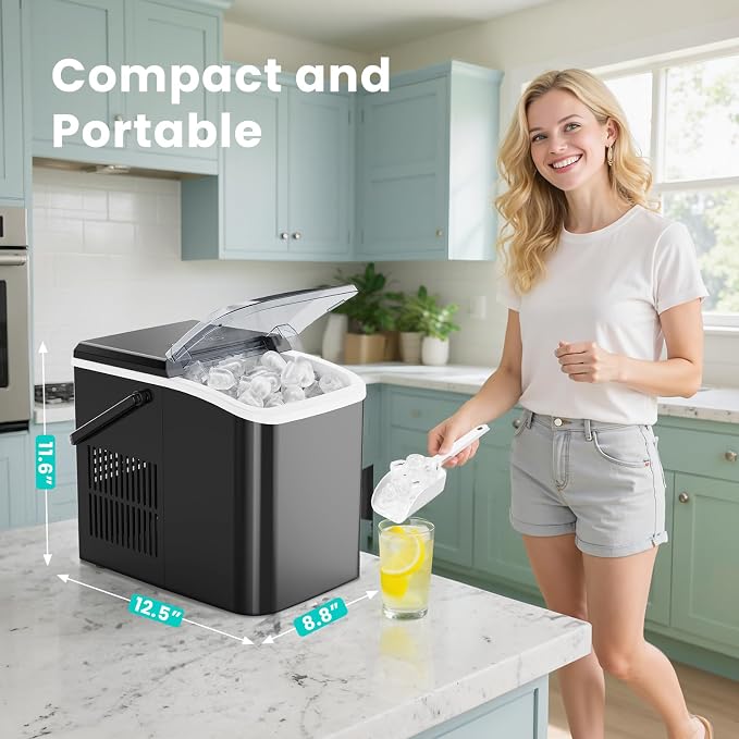 OLIXIS Countertop Ice Maker Machine with Handle, Auto-Cleaning Portable Ice Maker with Basket & Scoop, 26lbs in 24Hrs & 9 Cubes in 6 Mins, 2 Cube Sizes, for Home Party Camping RV, Black