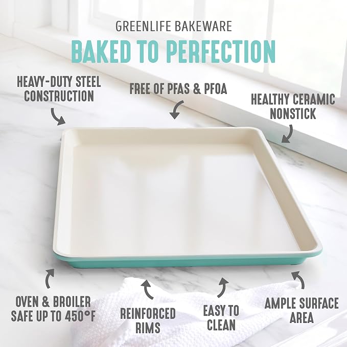 GreenLife 13" x 9" Quarter Sheet Baking Pans, 2 Piece Bakeware Set, PFAS-Free Ceramic Nonstick Rectangular Cookie Trays, Oven Safe to 450°F, Even Heating, Easy Clean Ovenware, Turquoise (Pack of 6)