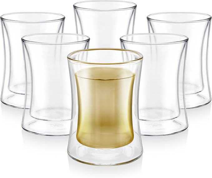 Teabloom Modern Insulated Turkish Tea Glasses - Set of 6 Double Walled Glass Teacups (6 oz / 177 ml)