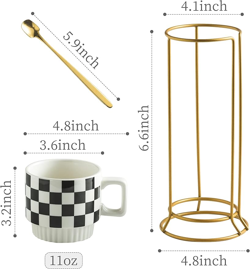 Miamolo Stackable Coffee Mug Set of 4 with Rack 11 oz Tea Cup Set with Little Spoon for Coffee Tea Cocoa Milk, Father's Day,Checkered Black and White Pattern Coffee Mug for Housewarming Gift