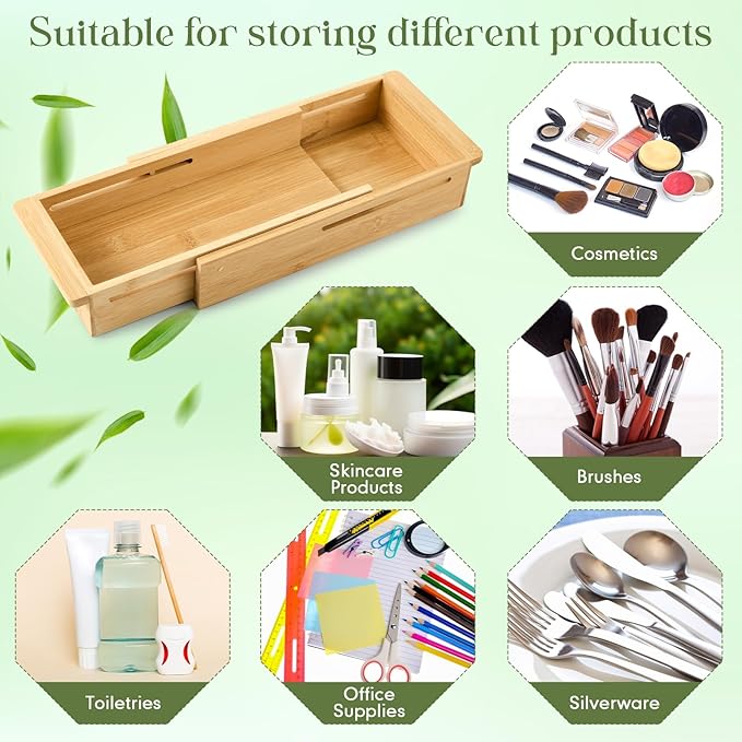 LemonRoad 2 Pcs Sliding Drawer Organizer Bin Bamboo Drawer Expandable Bins Utensil Organizer for Kitchen Spoons Forks Knives (Wood)