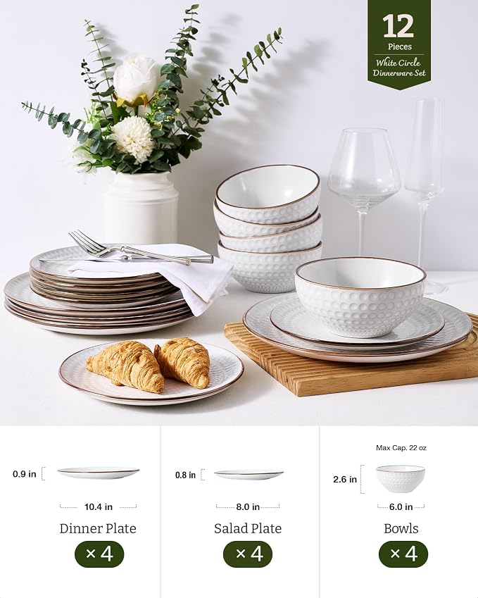 Famiware Eden Embossed Plates and Bowls Sets, Stoneware Dinnerware with Gold Trim, 12-Piece Luxury Dishes for 4, Everyday & Formal Use, Chip/Scratch Resistant, Microwave/Dishwasher Safe, White Circle