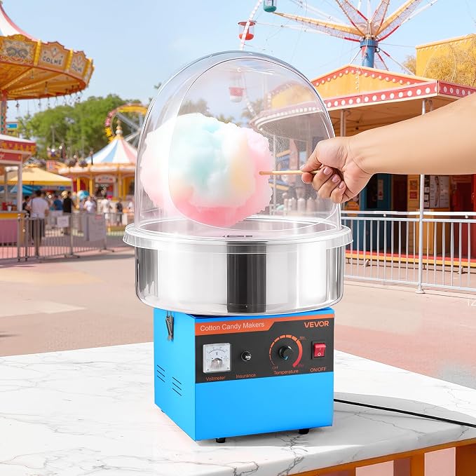 VEVOR Electric Cotton Candy Machine, 1000W Commercial Floss Maker With Cover, Commercial Cotton Candy Machine w/Stainless Steel Bowl & Sugar Scoop, Ideal for Carnival, Birthday, Family Party, Blue