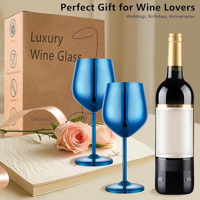 UNISWEET Stainless Steel Wine Glasses Set of 4 Unbreakable Wine Glass 18 oz Unique Metal Wine Goblets for Outdoor, Travel, Camping, Pool, Ideal Gift for Wine Lovers (Blue)