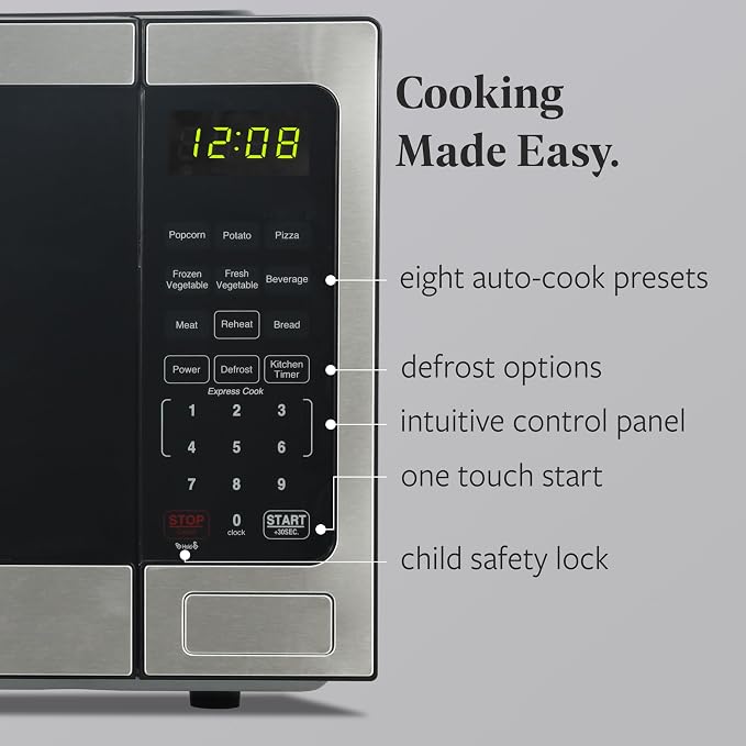 Farberware 0.9 Cu. Ft. Countertop Microwave Oven – 900 Watts Power, Auto Cook Settings, Defrost, Easy Clean and Child Safety Lock - Stainless