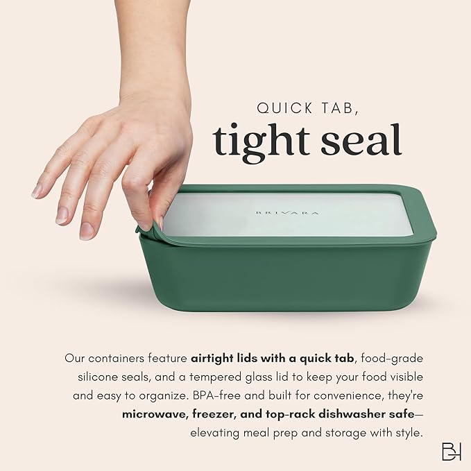 Ceramic Coated Glass Food Storage Container | No PTFE, PFOA, PFAS, and BPA | Reusable Non Toxic Meal Prep Container with Glass Lid | Easy To Store | 11 Cup Rectangle [Pine]