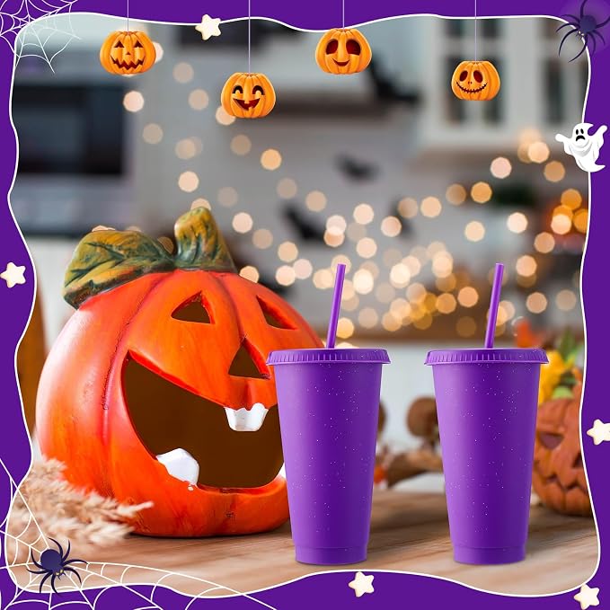 Honeydak 60 Pack Tumbler with Straw and Lid Bulk Cups for Gifts Glitter Plastic Coffee Cups 24-27 oz Reusable Water Bottle Iced Coffee Travel Mug Party Favors for Birthdays Travel (Purple)