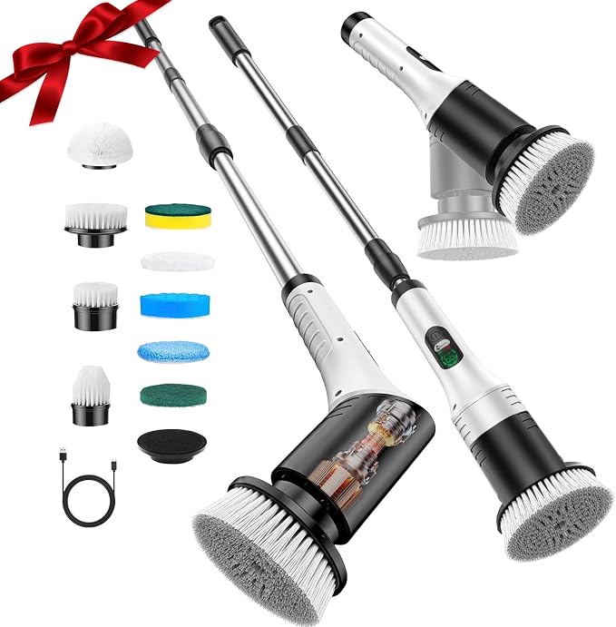 Electric Cleaning Brush, 9 in 1 Electric Brush with Interchangeable Drill Brush Heads, 2000mAh, Electric Clean Brush with Adjustable Handle, for Bathroom, Kitchen, Floor, Cordless