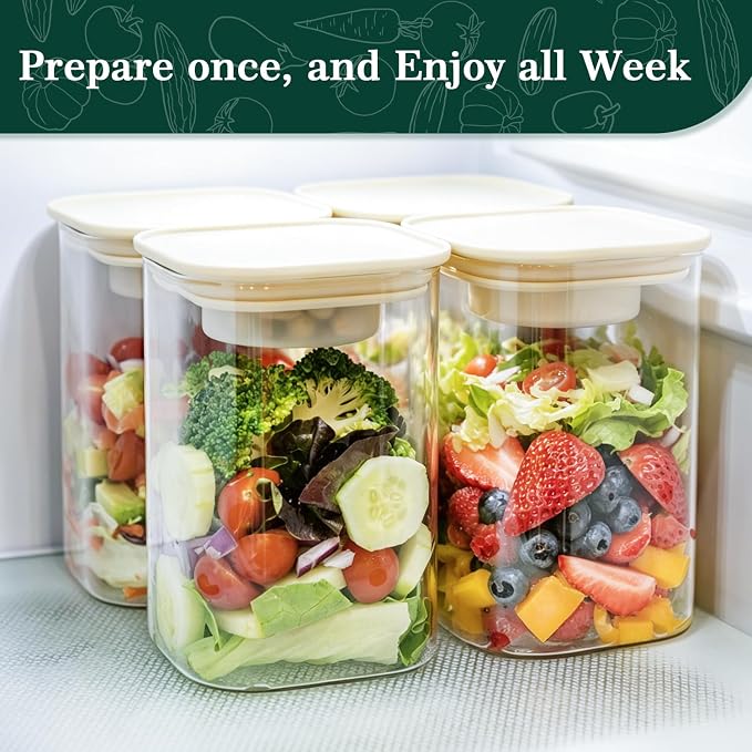 LIBWYS Glass Salad Jars with Lids Meal Prep, 34oz Larger Square Containers for Home Storage & Lunch, Built-In Leakproof Compartments, Wet/Dry Separation for Salad Dressing & Ingredients