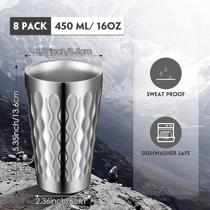 Mimorou 8 Pack 16oz Stainless Steel Cups Pint Cup Metal Double Layer Insulated Drinking Beer Water Tumbler Camping Reusable Stackable for Office Party Hot Cold Drink(Wave Pattern)
