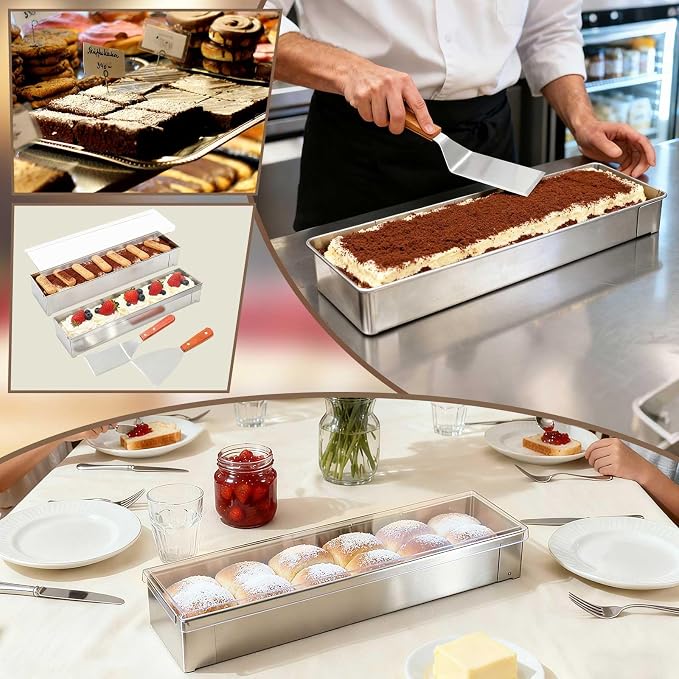 Blushtier 2 Pack Nonstick Rectangle Tiramisu Cake Pan with Acrylic Lid and 2 Metal Spatula Removable Frame 304 Stainless Steel Cake Baking Molds for Tiramisu Cheesecake Mousse