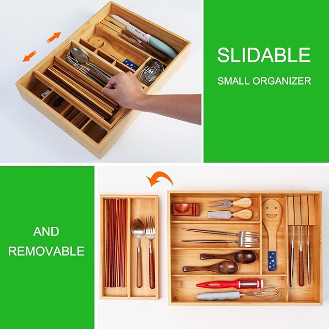 Double Layer Bamboo Kitchen Drawer Organizer Cutlery Utensil Silverware Drawer Organizer, cutlery Silverware Tray for Drawer, deep Utensil Holder Drawer Dividers for Flatware (L: 16.85 × 12.2 in)