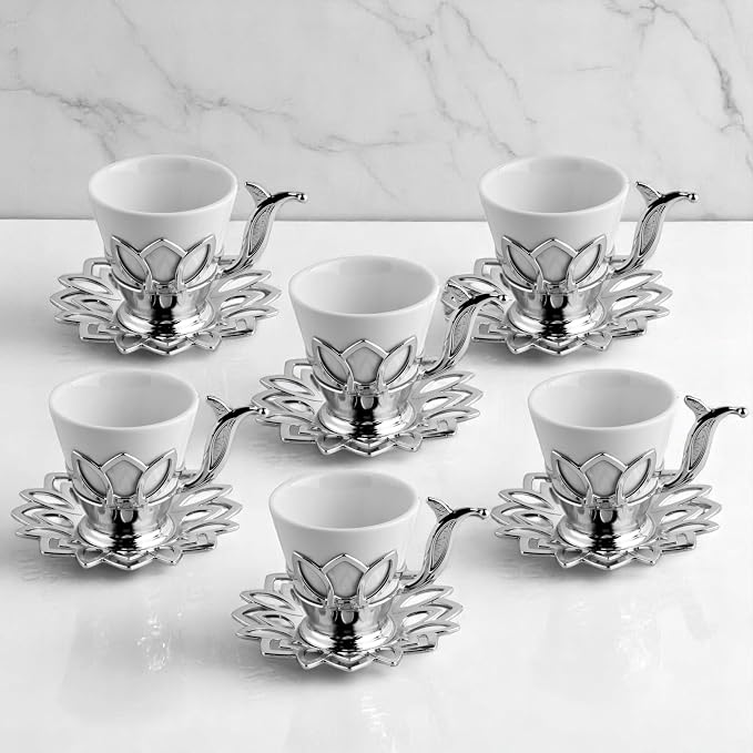 Alisveristime (Set of 6) Turkish Coffee Set with Porcelain Cups, Zamac Holders & Saucers – 80ml Capacity, Ottoman Motif, 4 Color Options (Silver)