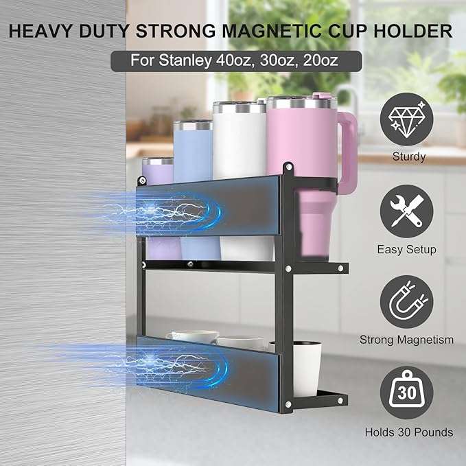 Magnetic Stanley Cup Holder for Refrigerator, Water Bottle Organizer for Stanley 40/30/20 oz Tumbler, Fridge Kitchen Storage Rack with 8 Holders & 2 Wood Rods, Owala/Yeti/Stanley Cup Accessories-Black