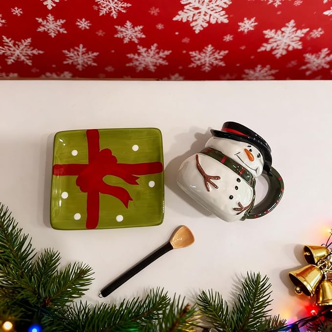 Ceramic Christmas Tea Cup and Saucer Set ，220ML(7.5OZ) 3D Hand-painted Christmas Snowman Coffee Mug，Rectangular Saucer, Spoon