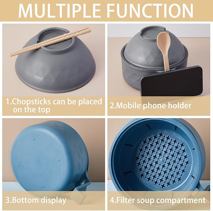 2 Sets Microwave Ramen Bowl 40 oz Wheat Fiber Portable Instant Noodle Cooker Bowl with Handles Strainer Spoon Chopstick Fork College Dorm Room Apartment Essentials(Gray,Dark Blue)