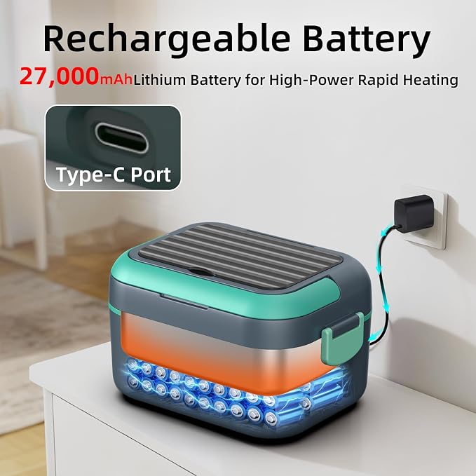 6.3 Cups Cordless Electric Lunch Box for Adults, 100W Rechargeable Battery Powered Automatic Scheduled Heated Lunchbox, Rapid Heating Portable Food Warmer BPA Free for Hot Meals Anywhere