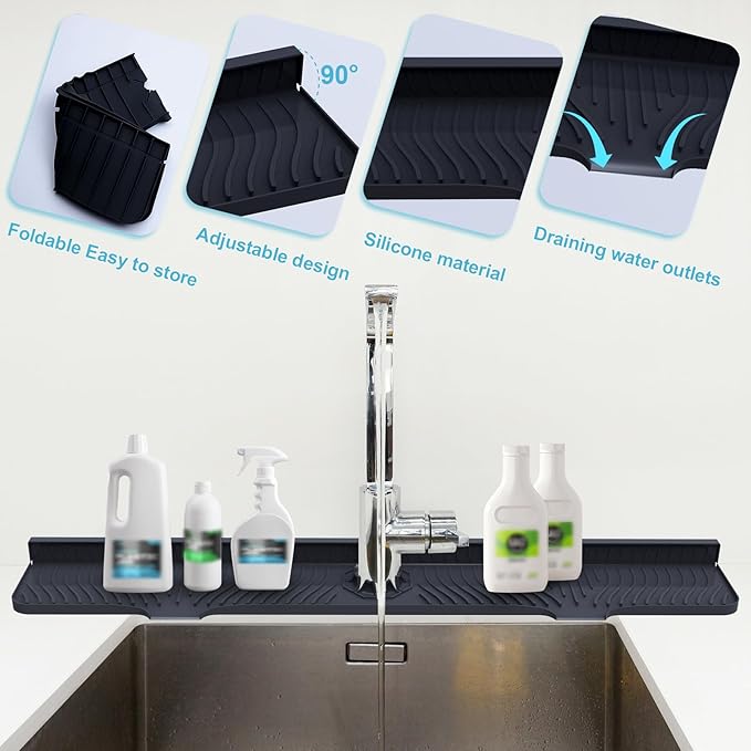 Derlights 33 inch Sink Splash Guard Mat, Silicone Faucet Handle Drip Catcher Tray, Longer Silicone Sink Mat for KitchenBathroom, Drip Protector Splash Countertop (Black)