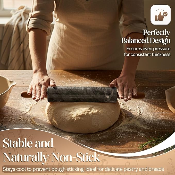 Flexzion Marble Rolling Pin Heavy Nonstick Stone Dough Roller - 10 Inch Polished Barrel with Wooden Handles & Cradle Stand for Baking Pastry Bread Pizza Cookies Pie Crust Pasta Tortillas (Black)