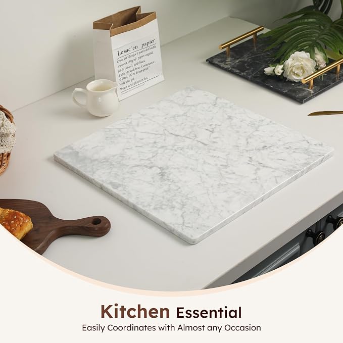 Diflart Natural Marble Stone Cutting Board for Kitchen, 16x16 Inch, White, Marble Slab Pastry Board Large with Non-Slip Feet for Backing, Cheese, Chocolate, Pack of 1 Piece