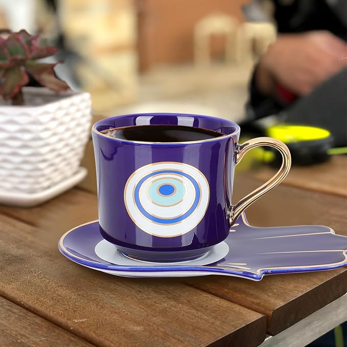 Luxshiny Evil Eye Coffee Cups Set: Turkish Blue Eye Espresso Cup Water Milk Mug Amulet Protection Tea Cup with Hamsa Hand Saucer Plate for Drinks Latte Lucky Decor Blue