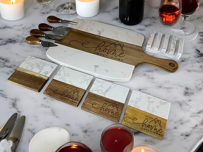 Personalized Marble Charcuterie Board with Serving Tools - New Home Gift, Unique Wedding Gift, Real Estate Closing Gifts - Natural Acacia Engraved Charcuterie Board (Closing Gift)