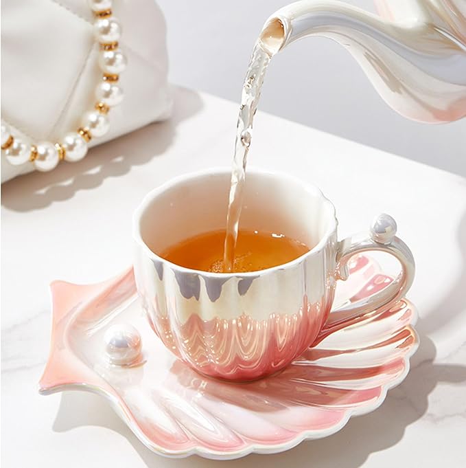 Pearl Shell Cup and Saucer - 8oz Gradient Ceramic Coffee Mug, Vintage Tea, Cappuccino, Latte Art for Birthday Gift (Gradient Pink)