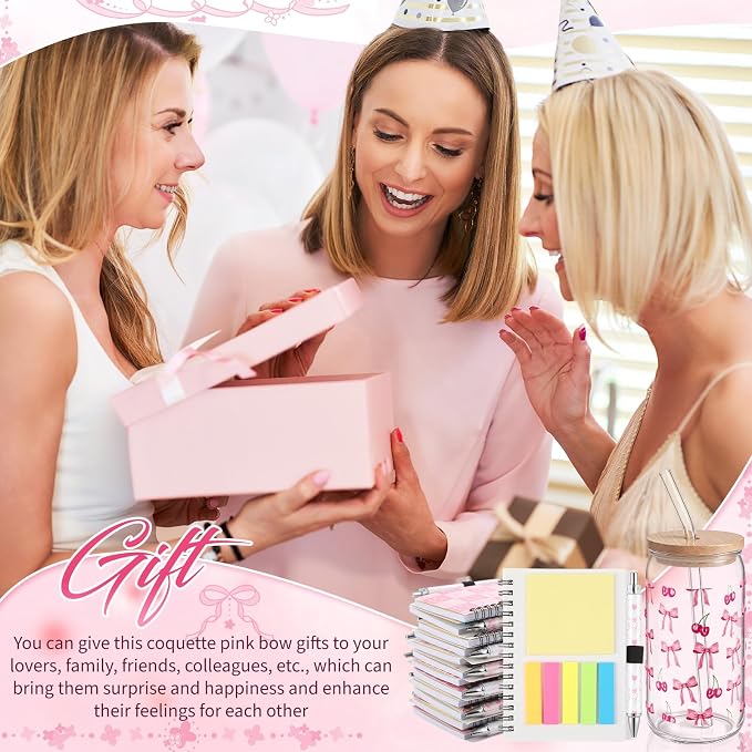 Skylety 12 Set Pink Bow Gifts Coquette Party Favors Bow Glass Cup with Lid and Straw Spiral Notebooks Sticky Pens for Baby Shower Game Prizes for Winners Bridal Shower Bachelorette Party Supplies