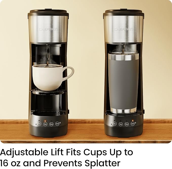 CHEFMAN Single Serve Coffee Maker, K Cup Coffee Machine: Compatible with K-Cup Pods and Ground Coffee, Brew 6 to 12oz Cup Drip Coffee Maker, 40oz Water Reservoir, Cup Lift, Filter Included