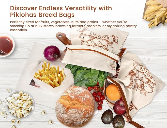 Piklohas Sourdough Bread Bags, 2 Sets Detachable Bread Storage for Homemade Sourdough, Reusable Linen Food Storage with Lining & Triple Lock for Fresh Keeping, BPA Free, Christmas Baking Gifts