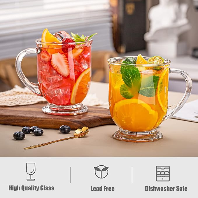 Glass Coffee Mugs Set of 2, 22 oz Large Capacity Glass Mugs with Handles, Clear Coffee Mug with 2 Spoons, Ideal for Latte, Espresso, Juice, Tea