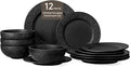 KINGSTONE Dinnerware Sets, 12-Piece Premium Porcelain dishes set, Matte Marble Pattern Plates and Bowls Sets for 4, Place Setting with Dinner Plate, Salad Plate, Pasta Bowl (Black)