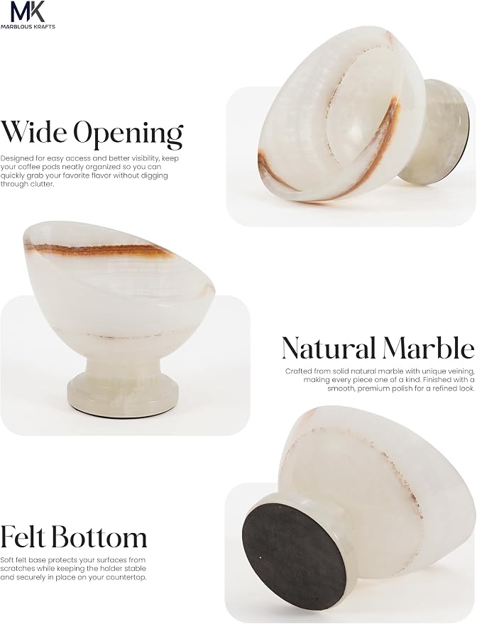 Marblous Krafts White Onyx Marble Coffee Pods Holder for Counter 7 Inch Espresso Accessories Storage Bowl, Pod Organizer, Coffee Bar Decor, Stone Kitchen Countertop Holder & Decorative Bowl for Fruit