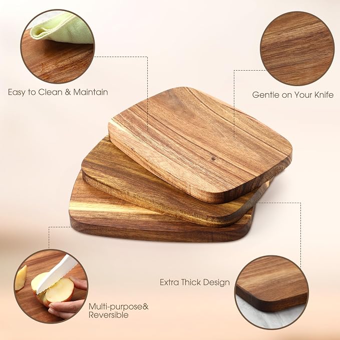 GlikCeil 12 Pcs Thick Acacia Wood Cutting Boards for Kitchen Reversible Wooden Chopping Board Set Double Sided Charcuterie Boards for Meat Cheese Meal Supplies(7.87 x 5.51 Inch)