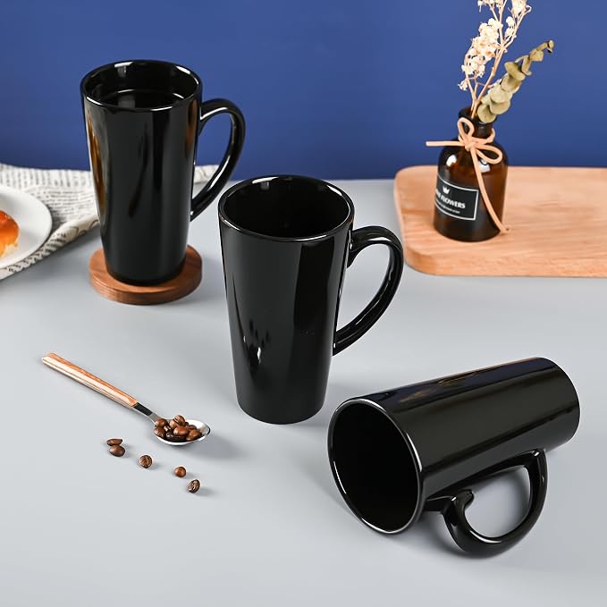 BYCNZB 16oz black Funnel Ceramic Tall Coffee Mugs for Coffee, Tea, Cocoa, Latte, Milk set of 4(Black)