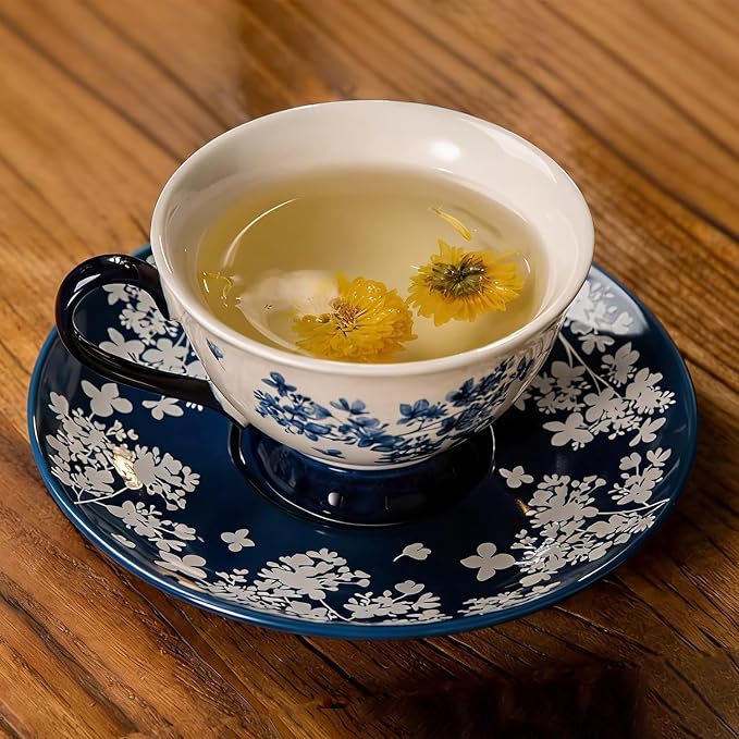 fanquare Vintage Silhouette Flowers Tea Cup and Saucer, 7 oz Blue and Beige Porcelain Coffee Cup, Large Teacups for Women Home Wedding