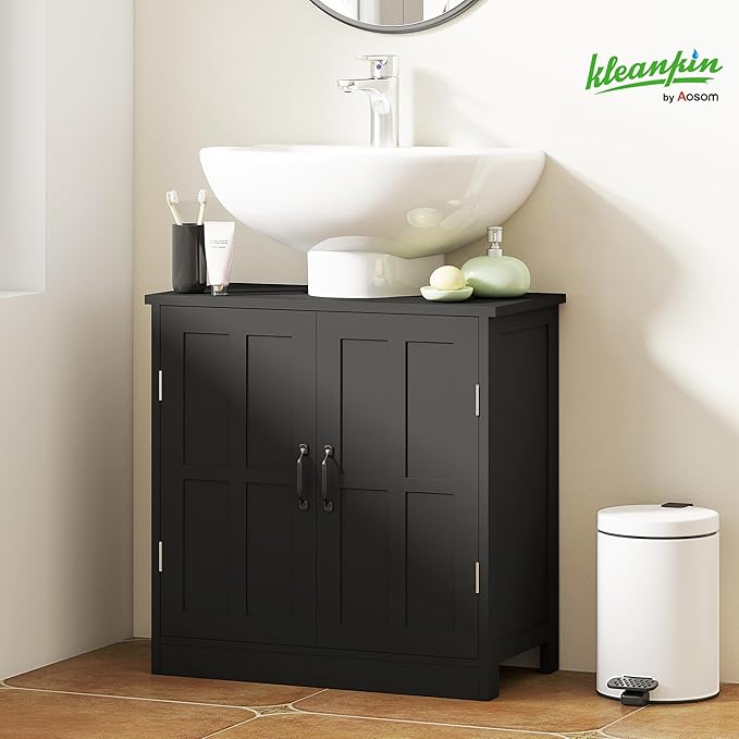 kleankin Pedestal Sink Storage Cabinet, Under Sink Cabinet with 2 Doors and Adjustable Shelf, Bathroom Vanity with U-Shape Cut-Out, Black