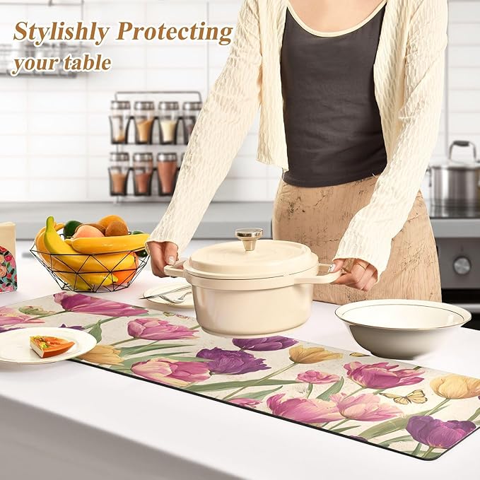 2 in 1 Table Runner Trivet for Hot Pots and Pans Heat Resistant Non Slip Waterproof 39 x 12 Inch Decorative Table Protector for Kitchen Countertop Vintage Beige Spring Tulips Butterflies