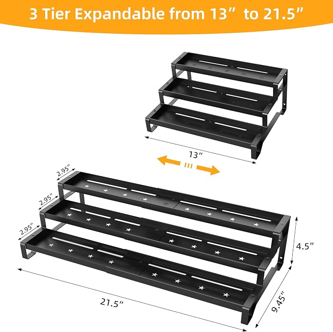 3-Tier Spice Rack Organizer 2 Pack, 13"-21.5" Expandable Spice Organization Shelf, Metal Seasoning Organizer for Kitchen Countertop or Pantry, Slip-Resistant Design for Jars and Bottles, Black